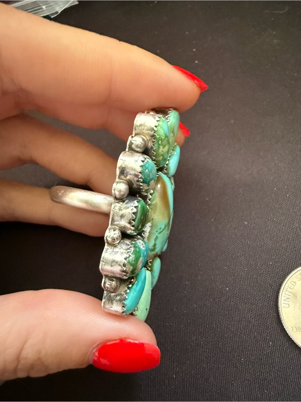 Navajo handmade monster sterling silver turquoise cluster ring. Adjustable band - Picture 6 of 6